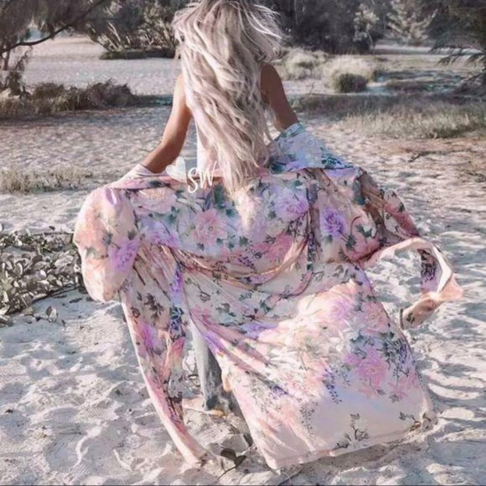Boho Floral Print Maxi Duster Kimono Coverup - Picture 4 of 11